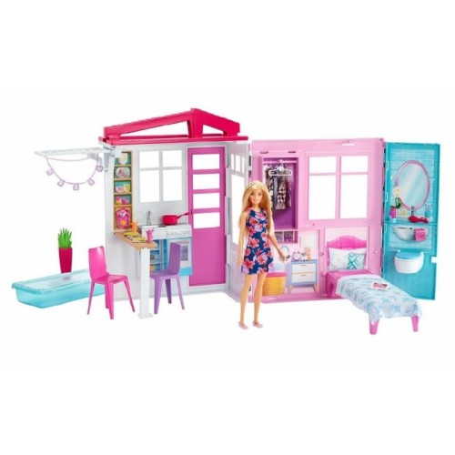 Duży przenośny domek dla Barbie przytulny domek + lalka FXG5